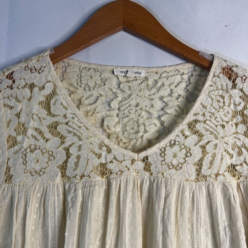 And The Why Cream Vneck Lace Detail 3/4 Lace Bell Sleeve Boho Peasant Top‎ Small - Picture 3 of 10
